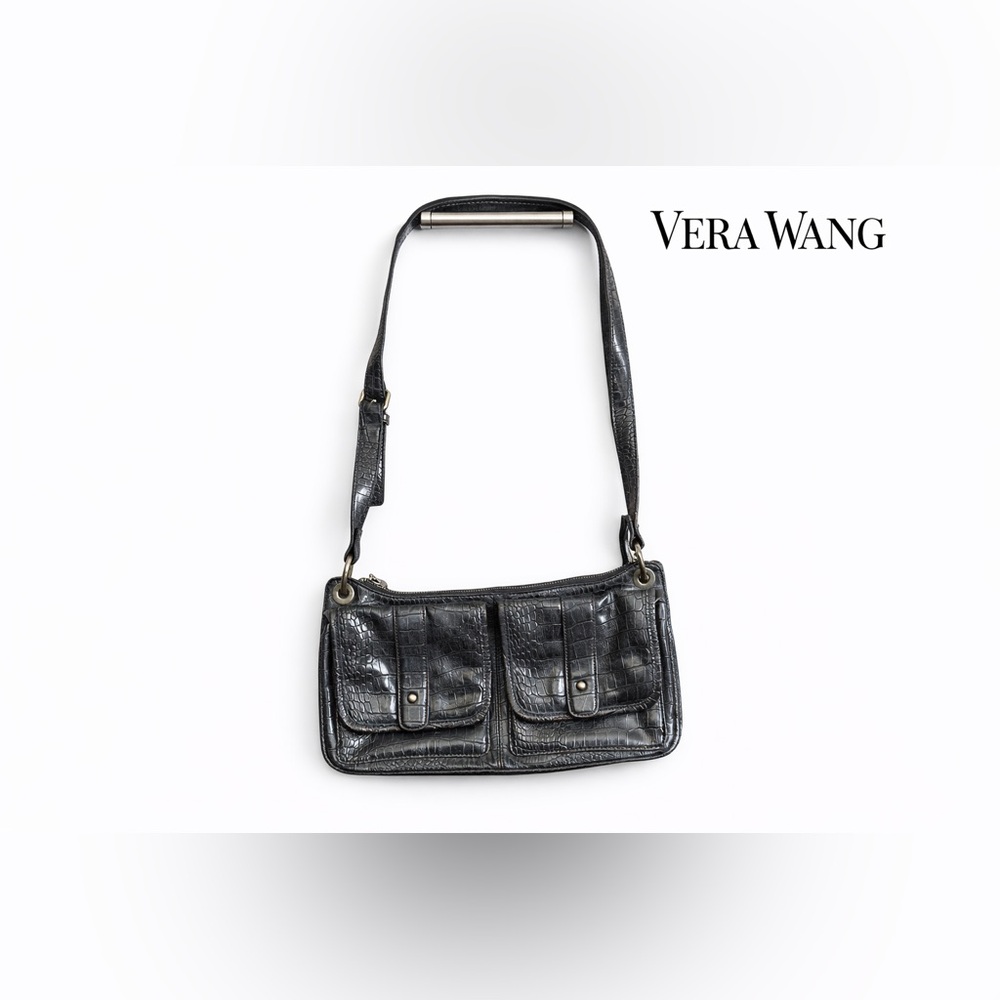 Vera Wang Black Croc-Embossed Shoulder Bag Y2K